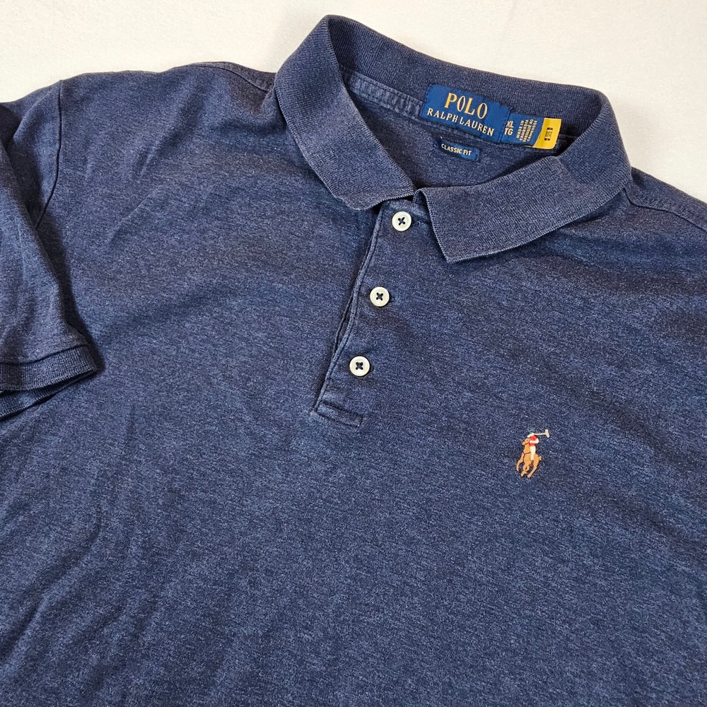 Polo Ralph Lauren Mens‎ XL Classic Fit Heather Navy Blue Short Sleeve Polo Shirt